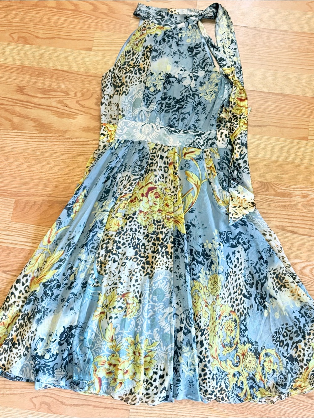 Y2K ICE MIXED PRINT  Blue Floral & Leopard Halter Dress Size Small